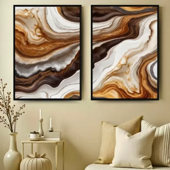 Kit Quadro Decorativo Ondas Abstratas Terrosas