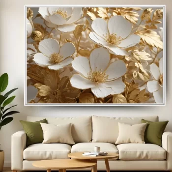 Quadro Decorativo Flores Delicadas Branco E Ouro