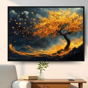 Quadro Decorativo Tempestade Com Árvore Dourada